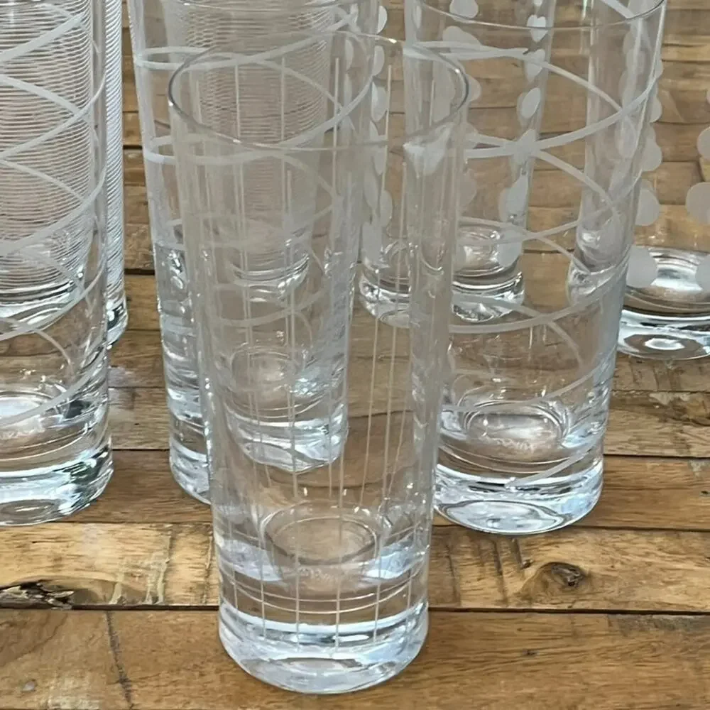 Mikasa Cheers Highball Glass Set of 8 Distinct Etched Patterns Dots Swirls Lines